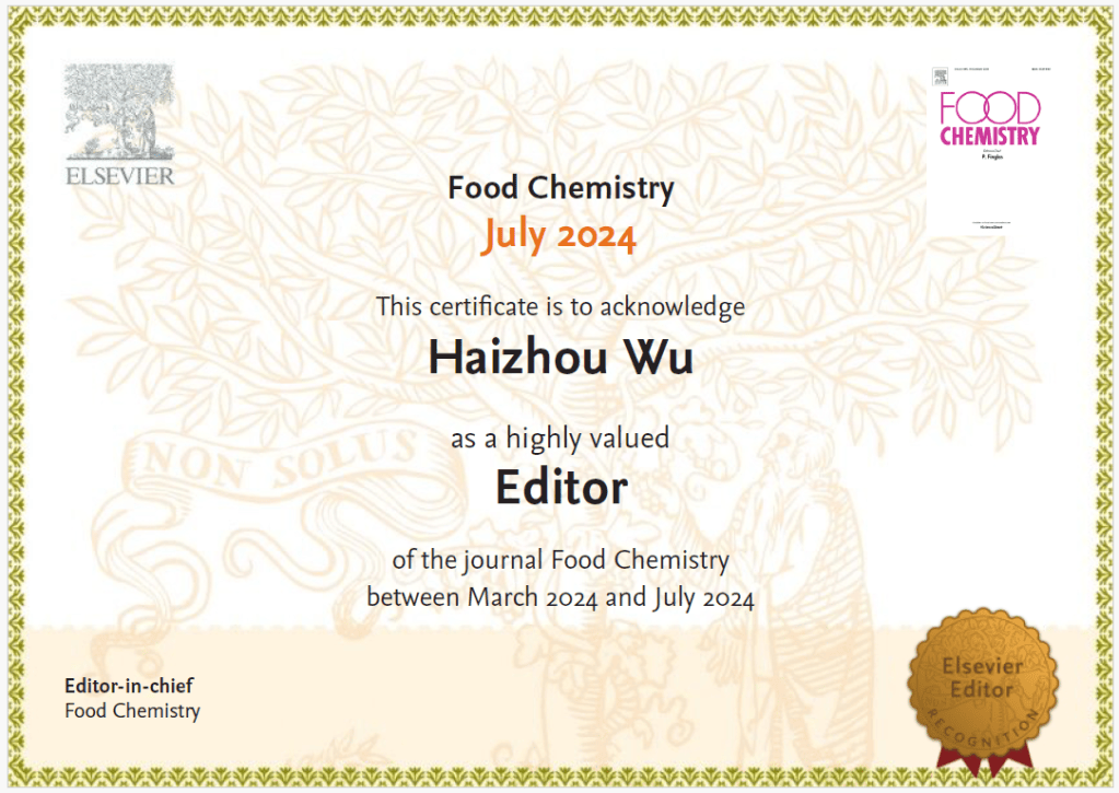 Prof. Haizhou Wu Appointed as Editor of Food&nbsp;Chemistry